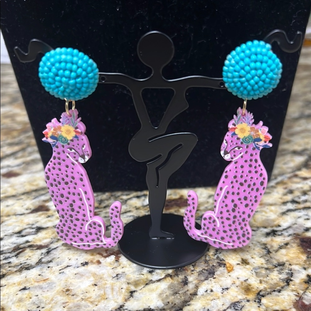 Pink Leopard Statement Earrings – Floral Crown & Turquoise Bead Studs